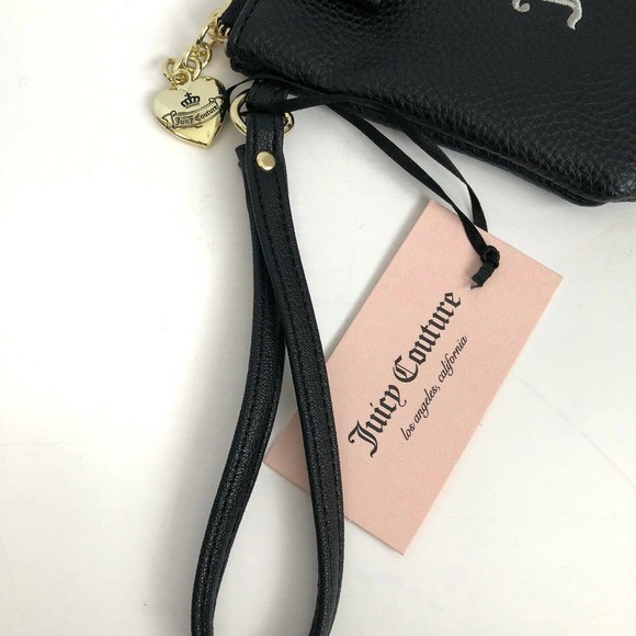 Juicy Couture Wristlet NWT Vegan Leather 5”x8” Bow Logo Spellout Gold Charm - Picture 4 of 7